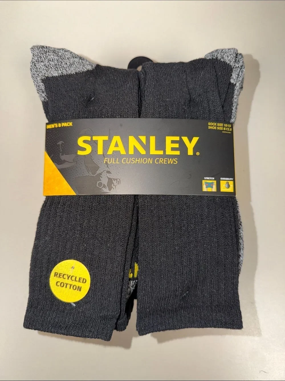 STANLEY Black Heather White Combo Cushioned Soft Cotton Blend Full Crew Socks